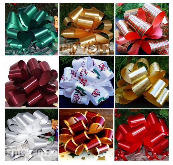 Christmas Gift  Stripes , Swirls Pom Pom Bow  , 5" Wide pull ribbon bows 120U Thickness