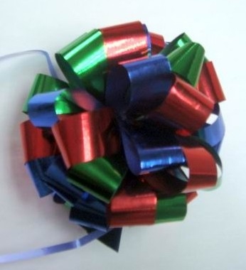 Multi color Pull bow Christmas Gift  Stripes , Swirls Pom Pom Bow  , 5" Wide wired ribbon bows 120U Thickness
