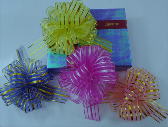 Yellow Blue Pink Pom Pom Pull Bow , Organza Striped Ribbons with Long Tulle Tails